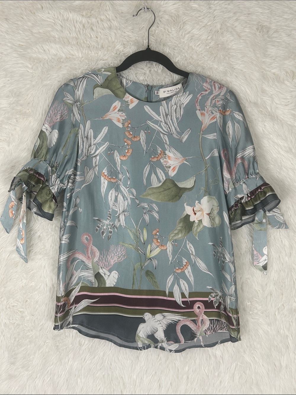 By Malina Silk Floral Print Tie-Sleeve Top in Dusty Blue